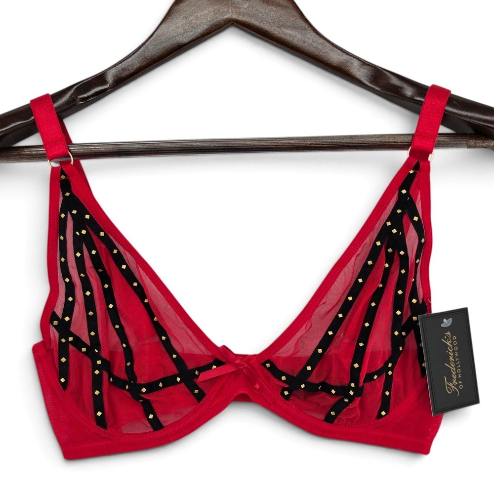 Frederick's of Hollywood Rozlyn Bra 32DD Red Mesh Sheer Underwire NWT Sexy